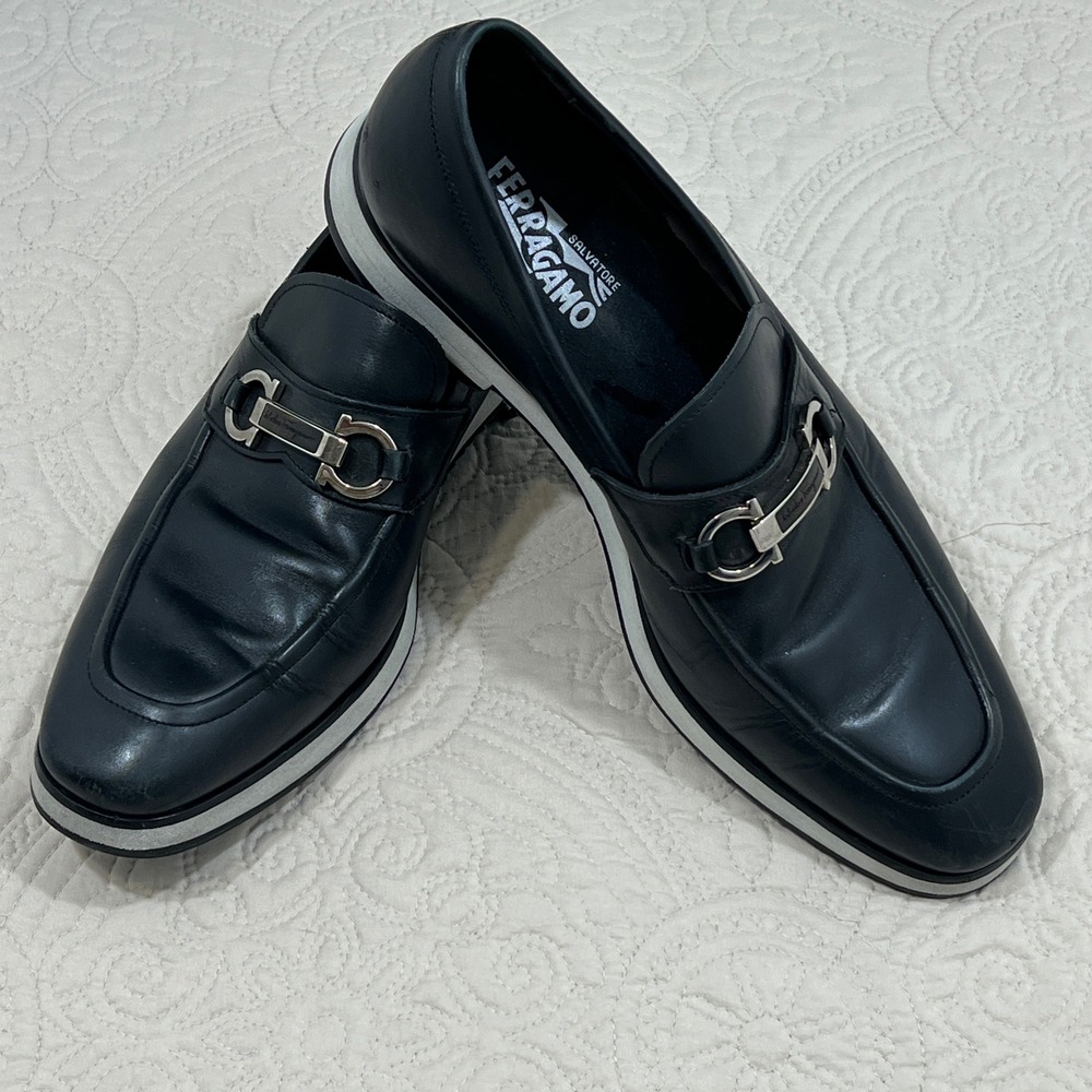 Salvatore Ferragamo Mens Black Gancini Bit Loafer White Platform Italy 10.5